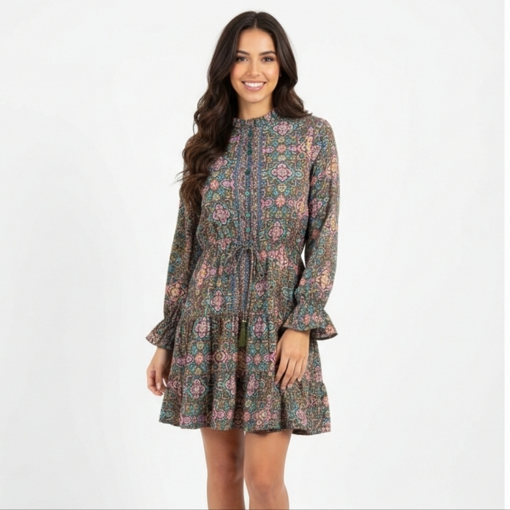Slayer Black Label Paisley Print Ruffle Dress Long Sleeve Elastic Tie Waist - Picture 1 of 13